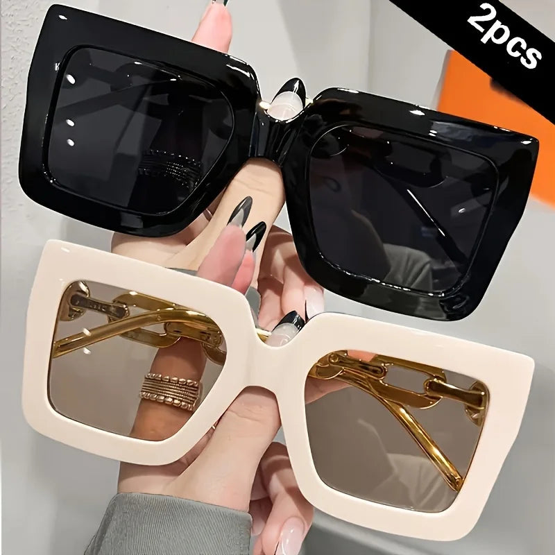 2pcs Luxury Oversized Fashion Sunglasses for Women - Large Square Frame with Anti-Glare Lenses, Golden & Rose Golden Accents