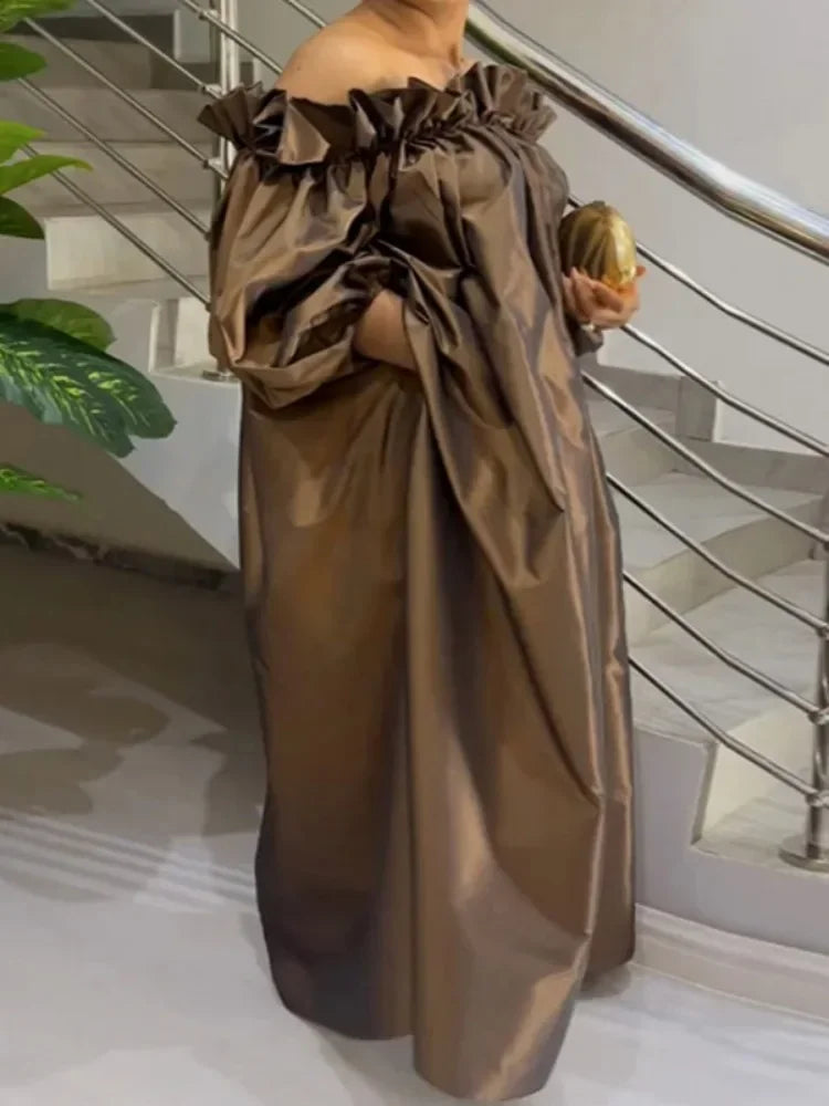 Beautyblue Plus Size Dresses Women Off-the-shoulder Maxi Dress Loose Elastic Puff Sleeve Oversized Brown New Elegant Robe Female