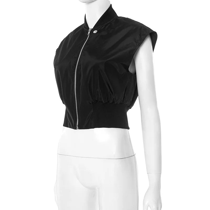 Joskaa Casual Black Cardigan Tops Women Hipster O-Neck Sleeveless Zipper Vests Jackets 2025 Summer Outerwear Y2K Streetwear