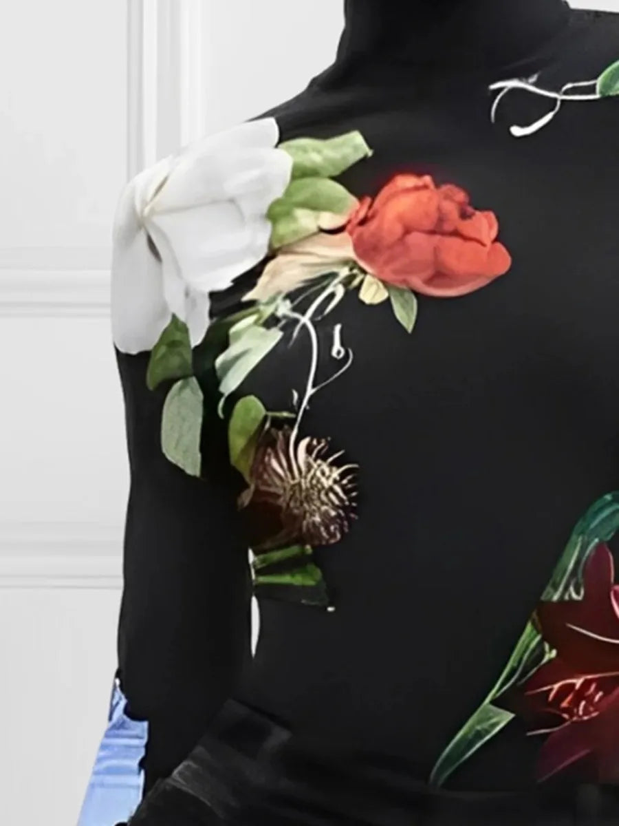 Women's Vintage Floral Printed High Neck Tops 2025 New Fashion Autumn Winter Long Sleeves Casual Skinny Split-Joint T-shirts