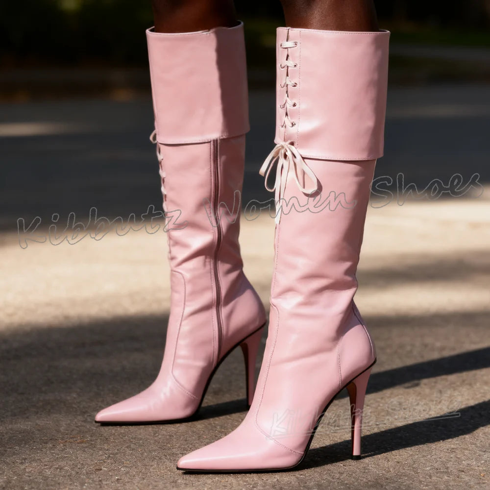 Knee High Satin Boots Spicy Girls Lace-Up Leather Solid Color Fashion Luxury Elegant Women Shoes Concise Pointy Thin Heels New