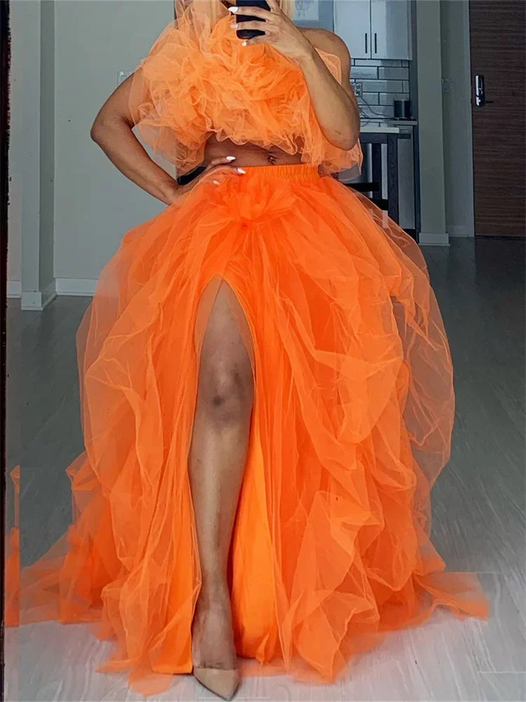 Elegant Layered Tulle Tutu Skirt With High Waist Slit for Women