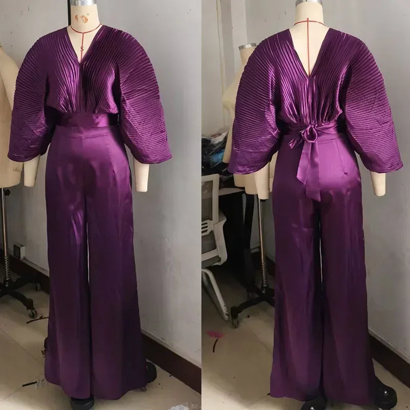Pleated Blouse V Neck Full Sleeve and Wide Leg Pants Women Loose 2 Pieces Sets Elegant Office Ladies African Outfits 2025