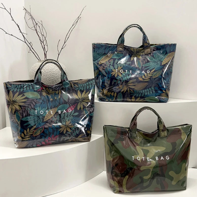 Leaf Print Handbag Pvc Fashion Transparent Waterproof Fashion High-end Shoulder Bag Large Capacity Commuter Tote Bag Shop Bag