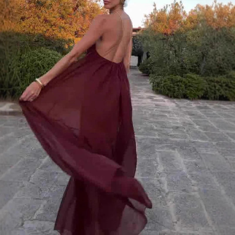 Sexy Women's Backless Wedding Guest Dress 2025 Summer Vacation Solid Color Long Dress Casual Low Cut V-neck Pleated Party Dress