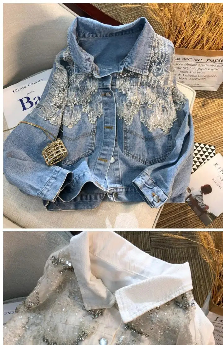 Mesh Sequined Denim Jacket for Women, Loose Coat and Stylish Top Trend for Spring 2025