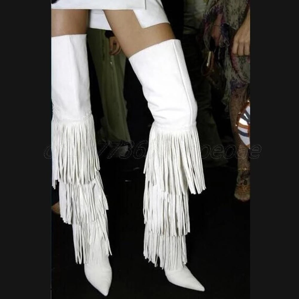 White Thigh High Trouser Boots Tassels Decor Patent Leather Shoes for Women Thin High Heels Sexy Shoes 2025 Zapatos Para Mujere