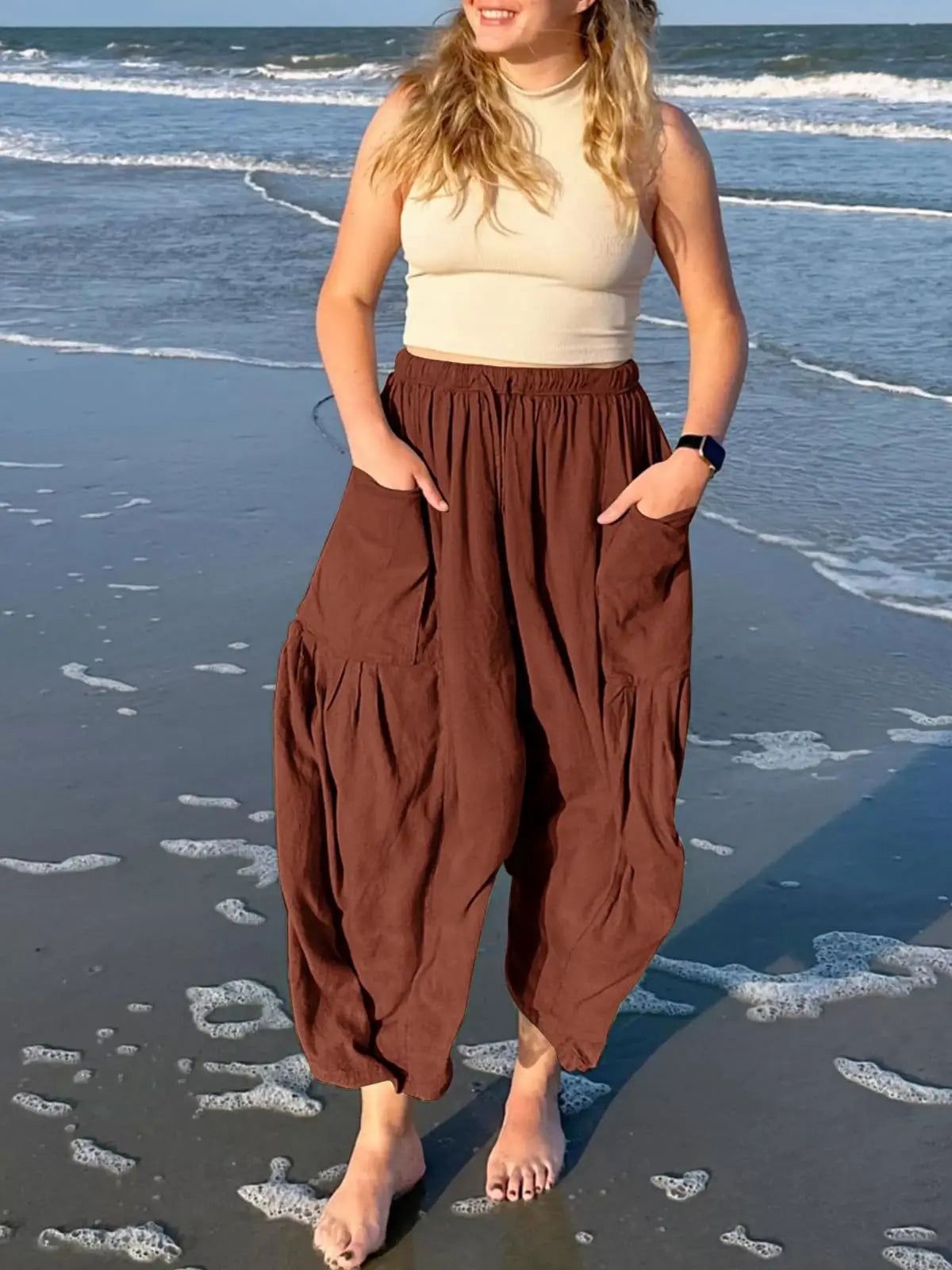 Loose Wide Leg Pants Women's Clothing Elastic Waist Pleated High Waist Casual Cotton Linen Solid Color Trousers Pants