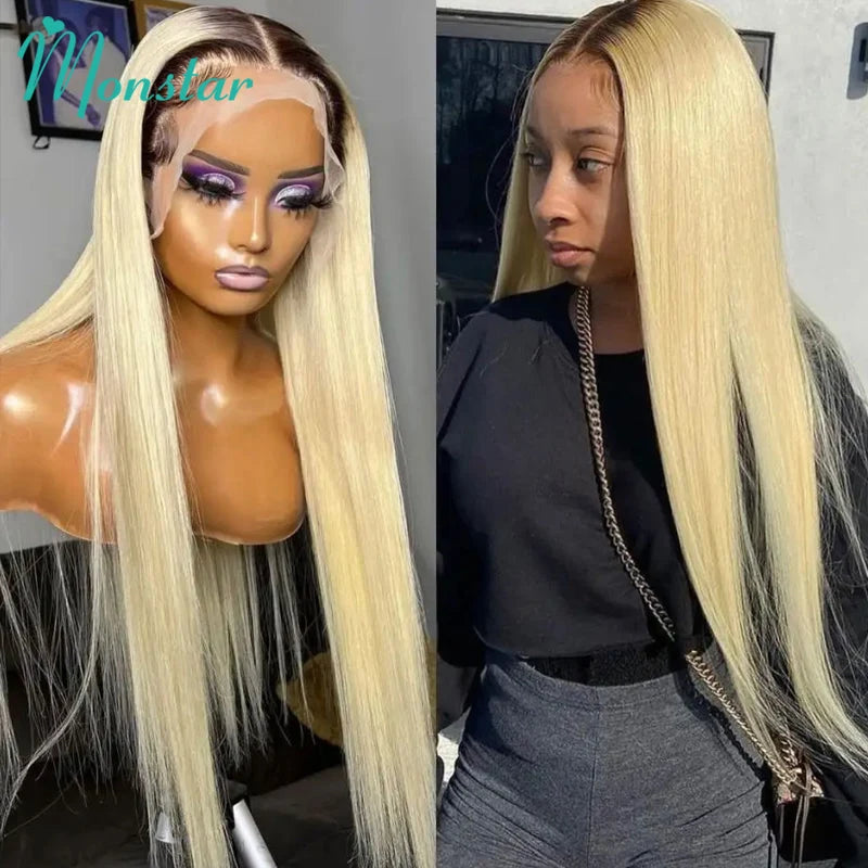 13x6 Lace Frontal Wig Brazilian Straight Full Lace Human Hair Wig 2 Tone Dark Root 1B 613 Ombre Blonde Lace Front Wigs for Women
