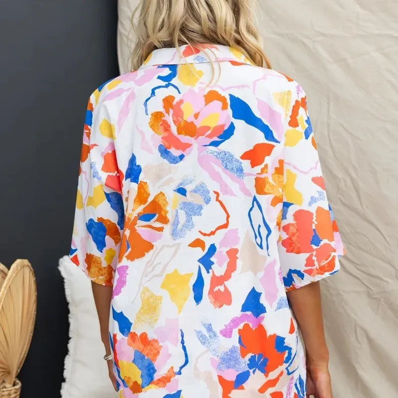 Summer Women Retro Print Short Sleeve 2PCS Loose Suits Casual V-Neck Shirt Top Elastic Waist Short Pants Sets Beachwear