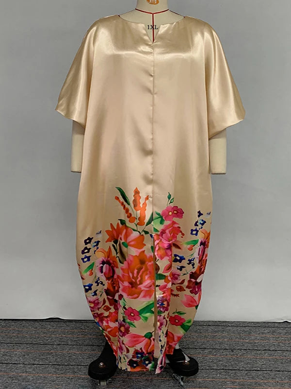 Beautyblue Plus Size Women's Clothing Robe De Soiree Femmes Elegant Floral Printed Boat Neck Puff Sleeves Oversized Maxi Dress