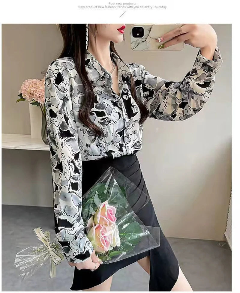 Shirt Women's Design Sense Niche Long-Sleeved Blousers 2025 Spring And Autumn Korean Retro Buttton Chiffon Shirt Top Printed 102