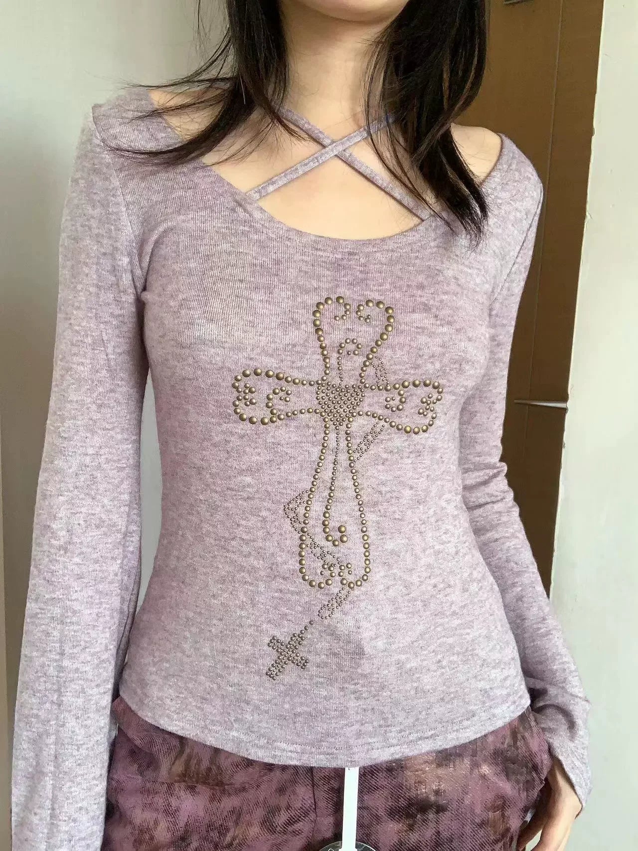 Karrram Japanese Y2k Knitted Tops Grunge Aesthetics Flare Sleeve T-shirts Vintage Harajuku Purple Knitwear American Retro 2000s