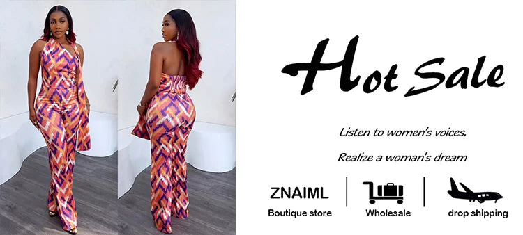 Znaiml Elegant Women Summer Beach Boho Vacation Jumpsuits Printing Halter Sleeveless Backless One Piece Rompers Wide Leg Pants