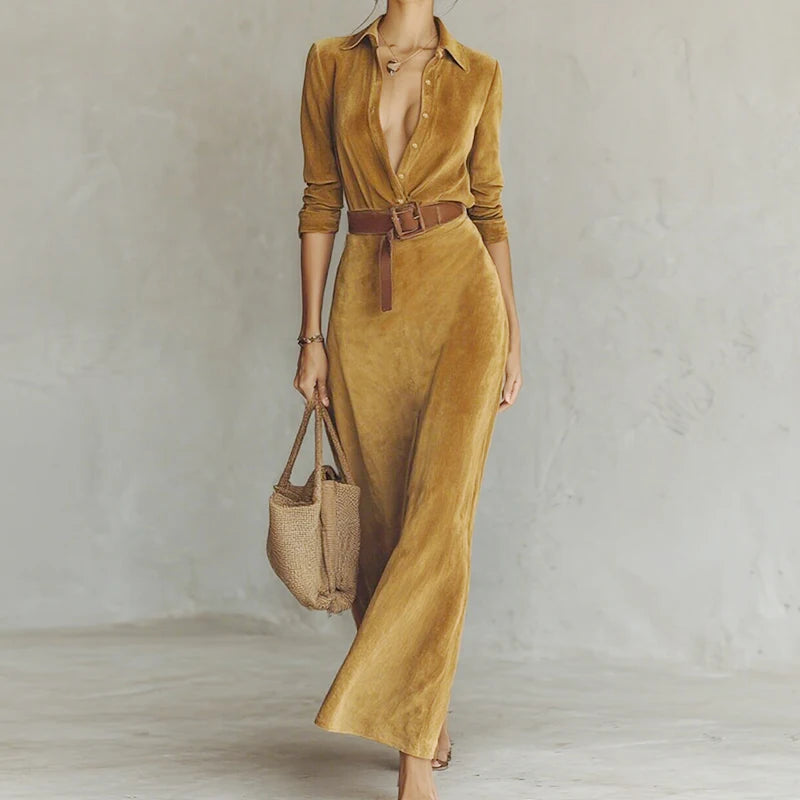 Autumn Turn Down Collar Buttons Sexy Maxi Dress Women Elegant Fashion Belt Party Dress 2025 Casual Holiday Solid Ladies Dresses