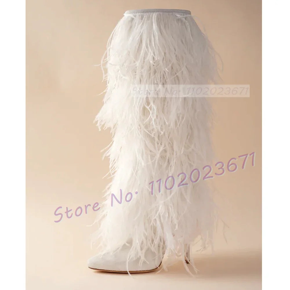 White Feather Pointed Toe Suede Side Zip Boots for Women