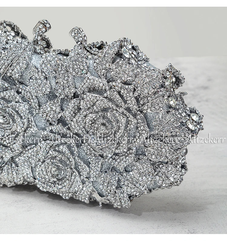Alizekerr Rose Crystal Evening Clutch Bags Women New Luxury Boutique Sparkling Diamond Flower Purses And Handbags Wedding Party