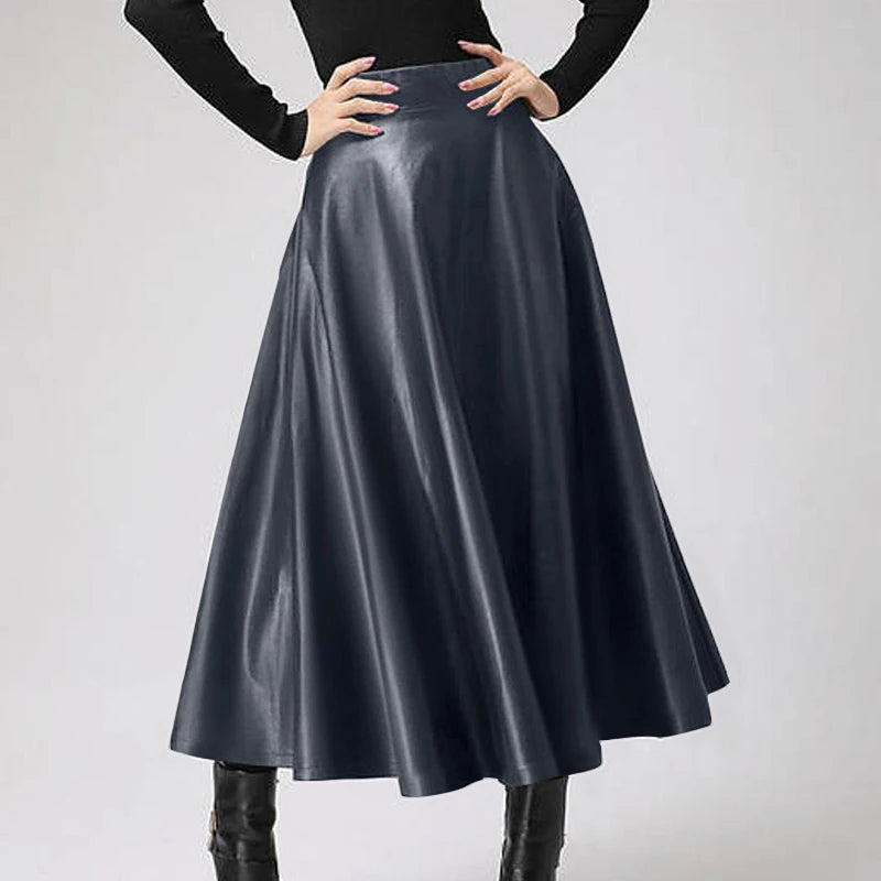 Celmia Fashion Women Long Skirts 2024 Spring PU Leather Faldas Elegant High Waist A-line Midi Skirt Casual Loose OL Swing Jupes