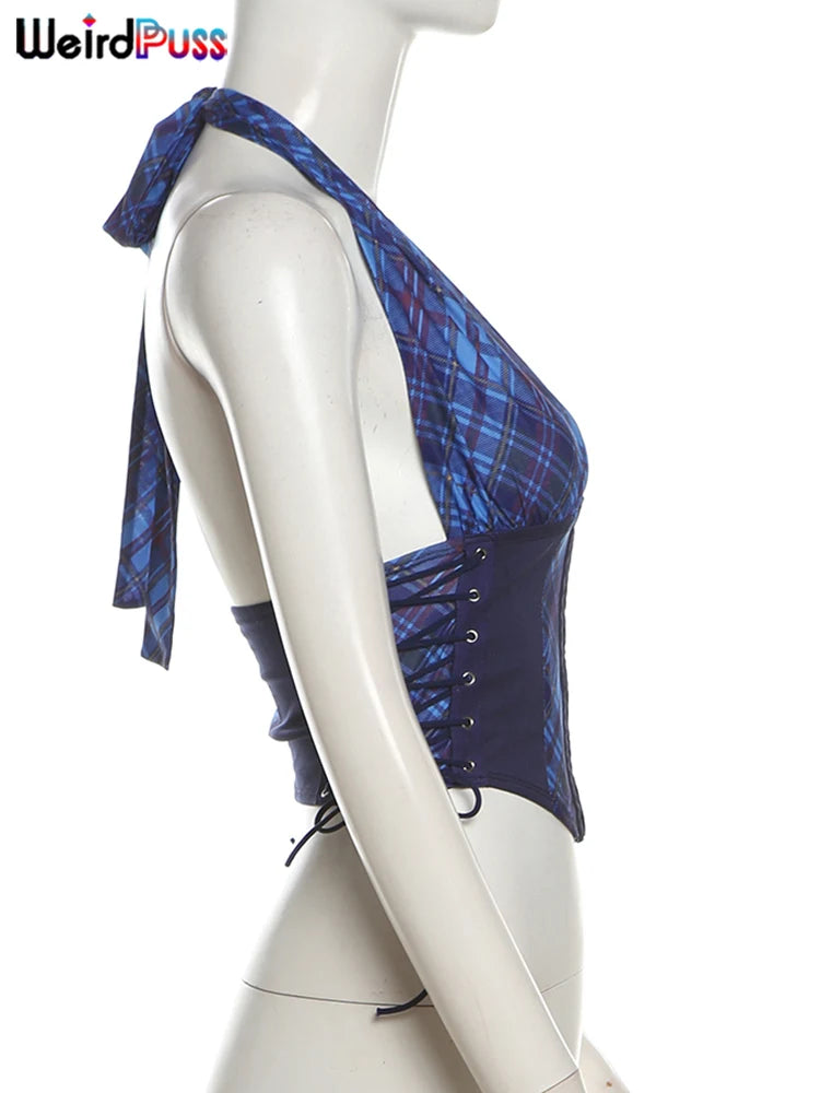 Weird Puss Bandage Button Tops Woman Summer Plaid Print Sexy Deep V-Neck Halter Skinny Wild Hipster Y2K Fashion Party Streetwear