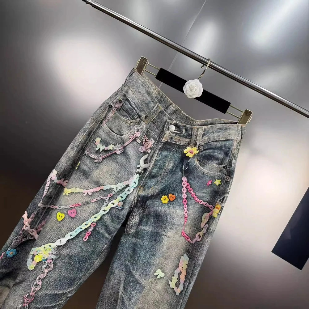 VGH Spliced Colorful Beading Chain Jeans for Women High Waist Patchwork Distressed American Retro Spring Trousers Female Style