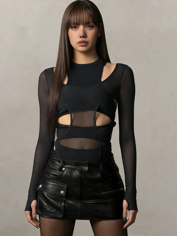 Mesh Patchwork Bodysuit With Long Sleeves for Women