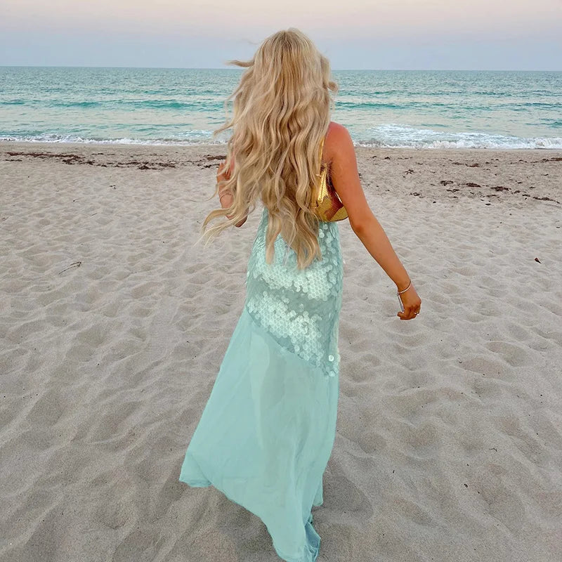 Beach O Neck Pleated Women's Long Dress New Sexy Mermaid Solid Camisole Dress Shiny Sequins Hollowed Out Sleeveless Party Dress
