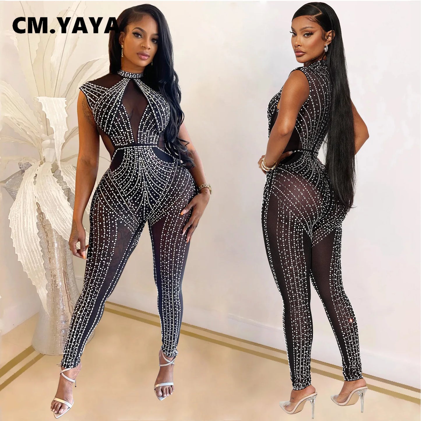 CM.YAYA 2024 Spring/Summer Women Fashion Rhinestone Mesh See Through Sleeveless Jumpsuits Sexy Party Club One Piece Suit Outfits