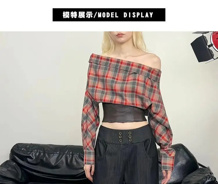 Premium Wind Spice Girls Retro Plaid One-shoulder Patchwork Long-sleeved Women Trend Niche Design Sense Thin Short T-shirt Tops