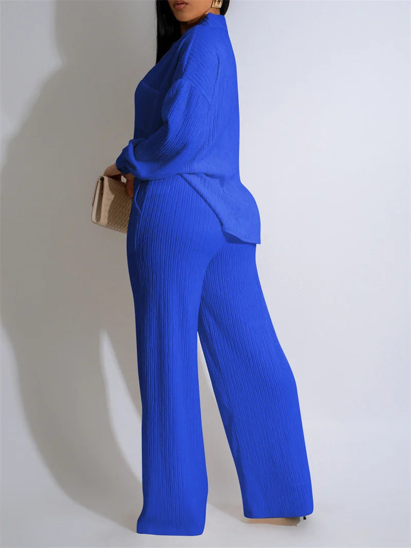 Doyerl Solid Casual Loungewear Sets Woman Two Piece Outfit Loose Fit Long Sleeve Shirt Top and Wide Leg Pants Matching Sets
