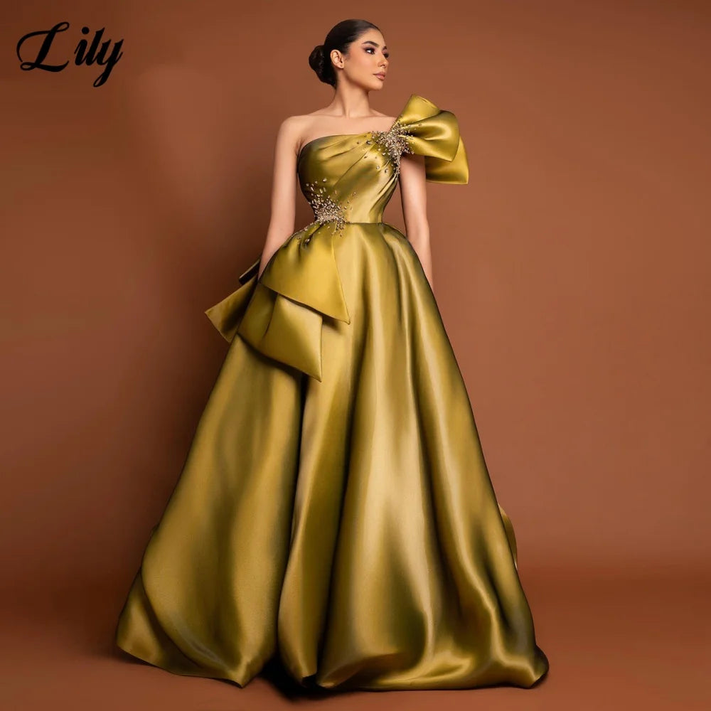 Lily Chic Golden Robe De Soirée One Shoulder Satin A-Line Gowns with Pleats Satin and Side Ruffle Accent Prom Gowns Customized