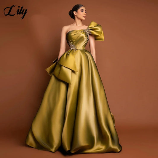 Lily Chic Golden Robe De Soirée One Shoulder Satin A-Line Gowns with Pleats Satin and Side Ruffle Accent Prom Gowns Customized