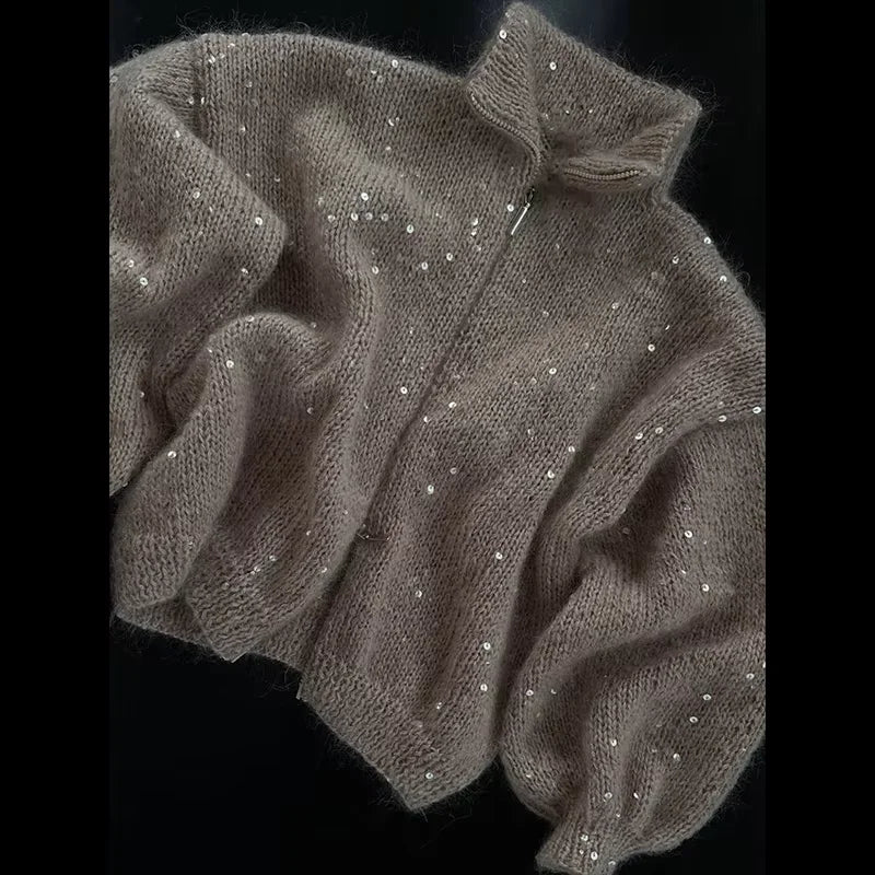 Sequins Knit Women 's Sweater Elegant Stand Collar Y2k Full Sleeve Sweaters Lady 2025 New Autumn Winter Woman Jacket Knitwear
