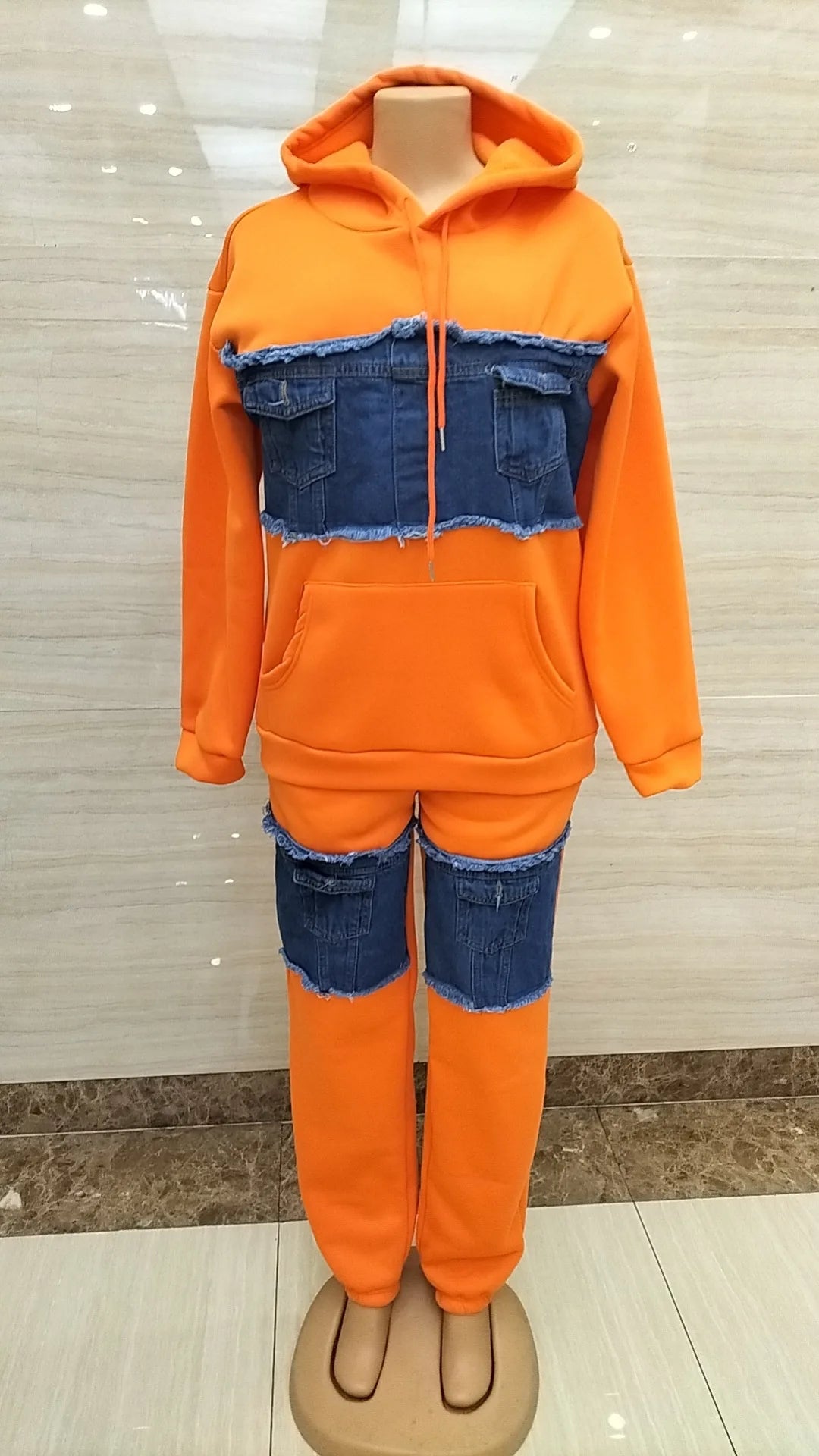 Pants Set Women Two Piece Sets Hooded Matching Sets Sweatshirts Long Pants High Waist Denim Splice Y2k Casual Jogger 2025