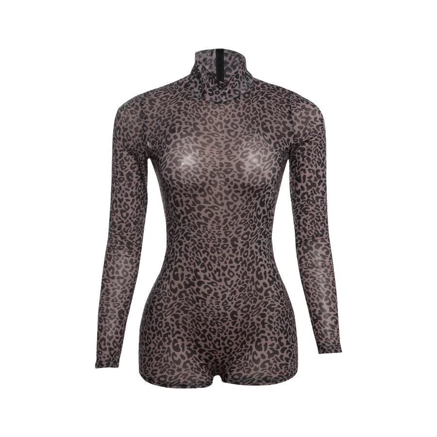 Weird Puss Leopard Print Romper Women See Through Sexy Full Sleeve Turtleneck Fall Fit Skinny Playsuit Stretch Midnight Clubwear