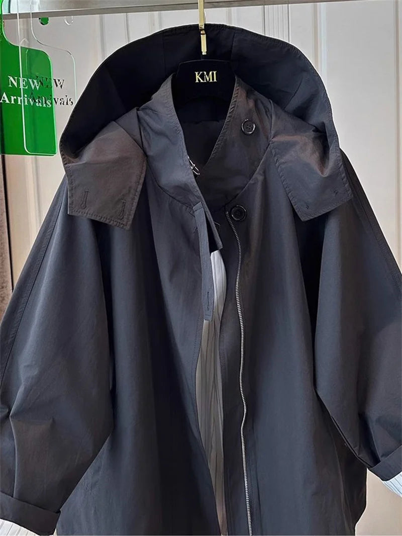 Fem Cotton Trench Coat For Women Casual And Versatile Loose And Slimming Autumn Simple Hooded Long Jacket For Women Windbreaker