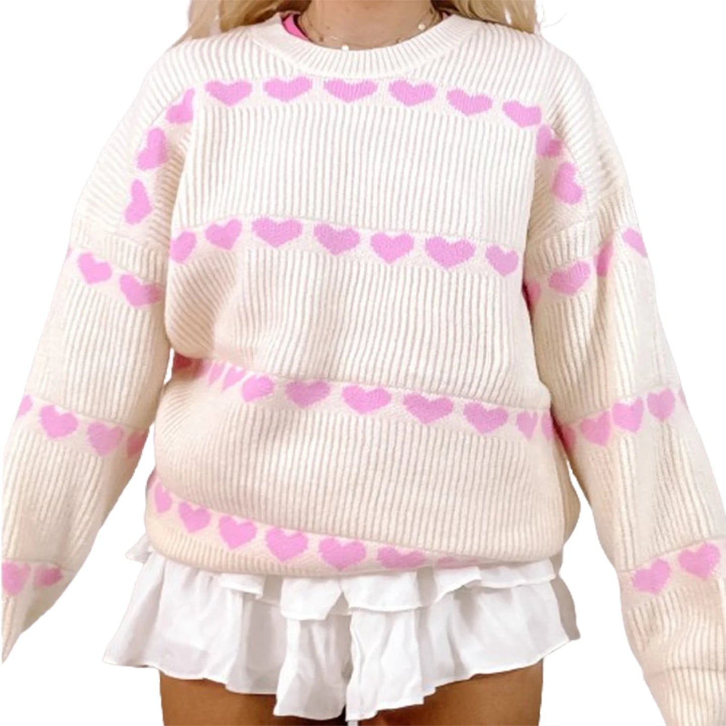 Women Valentine's Day Knit Sweater Heart Print Long Sleeve Round Neck Pullovers Fall Winter Casual Loose Knitted Jumpers Tops