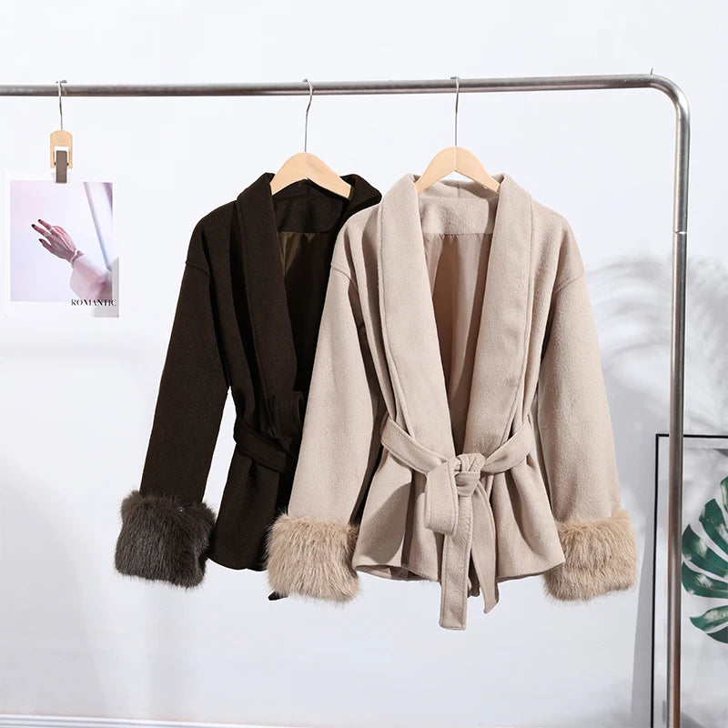 Plush Cuffs Belt Women 's Coats Elegant Lapel Faux Fur Sleeve Twist Open Coat Female 2025 Autumn Winter Fashion Lady Streetwears