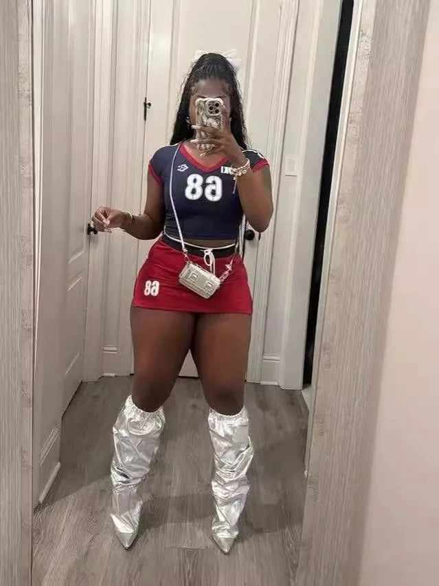 FAGADOER Y2K Letter Print 2 Piece Sets Women Outfit Fashion V Neck Crop Tops And Drawstring High Waist Skirt Hot Girl Streetwear