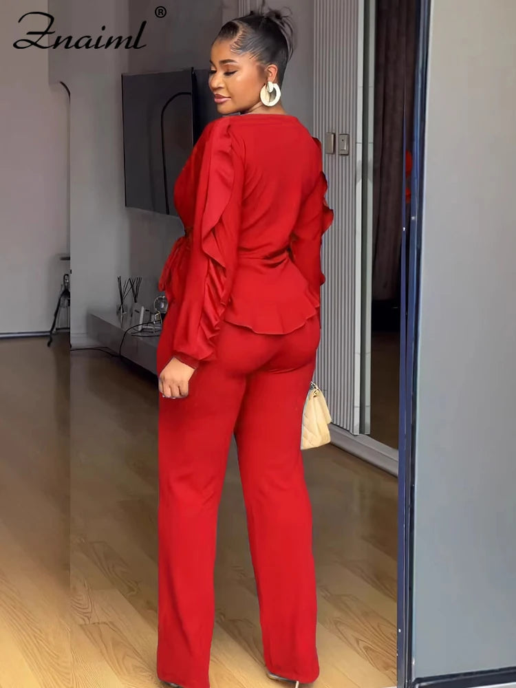 Znaaiml Elegant Blue 2 Piece Pants Sets Women Lantern Sleeve Drawstring Ruched Ruffles Top and Trousers Casual Street OL Outfits