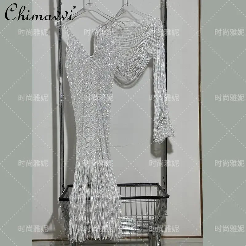 Fashion Heavy Diamond Shawl Bust Long Sleeve Top Sexy Girl Evening Dress V-Neck Slim Hip Wrap Tassel Suspender Dress 2-piece Set