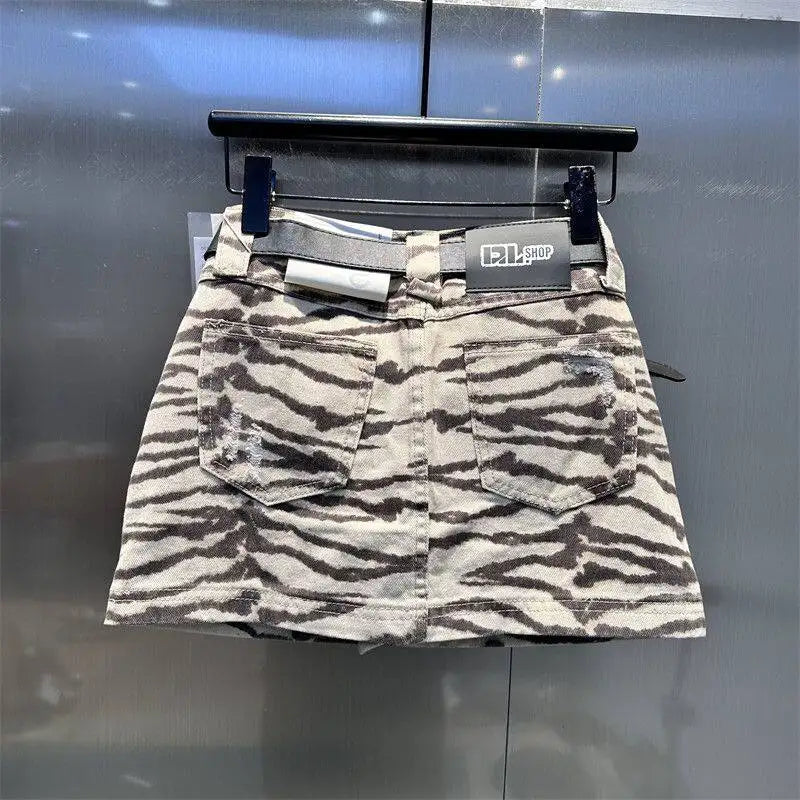 Retro High Waist Zebra Print Denim Mini Skirt For Women