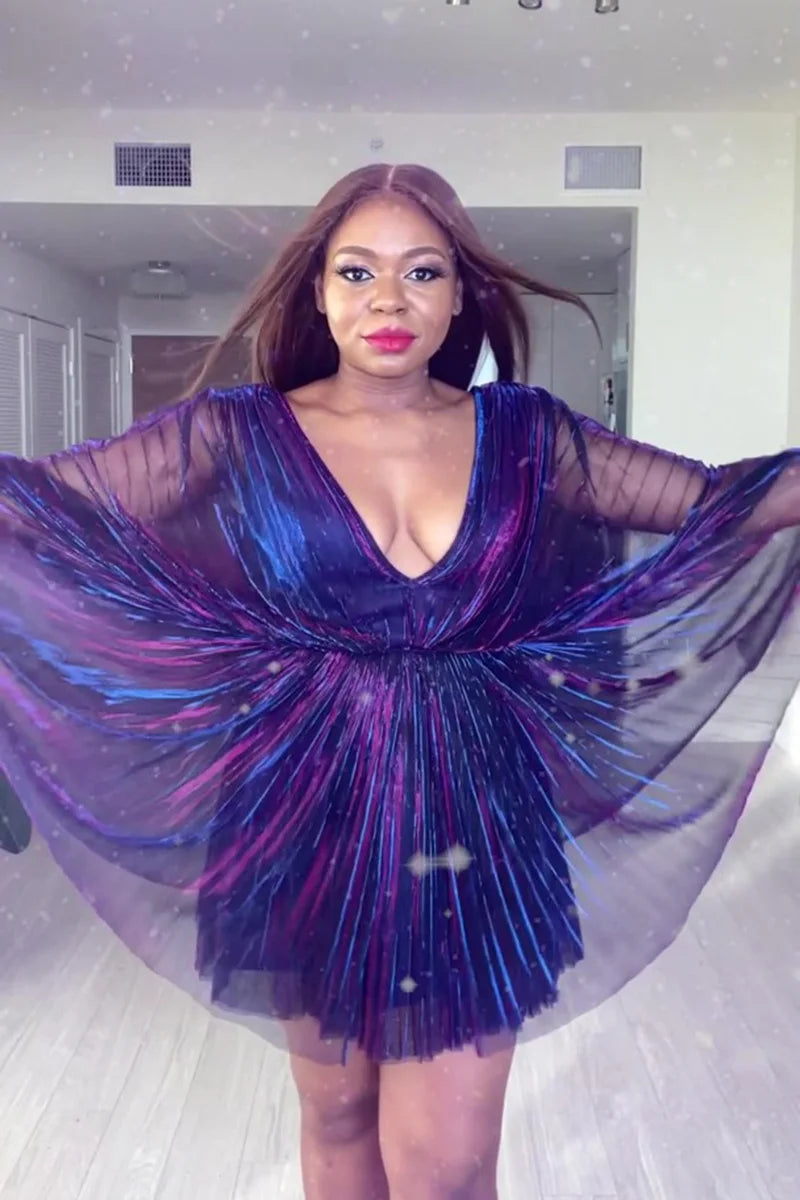 Plus Size Cocktail Party Batwing Sleeves Pleated Metallic Reflective V Neck Mini Dress