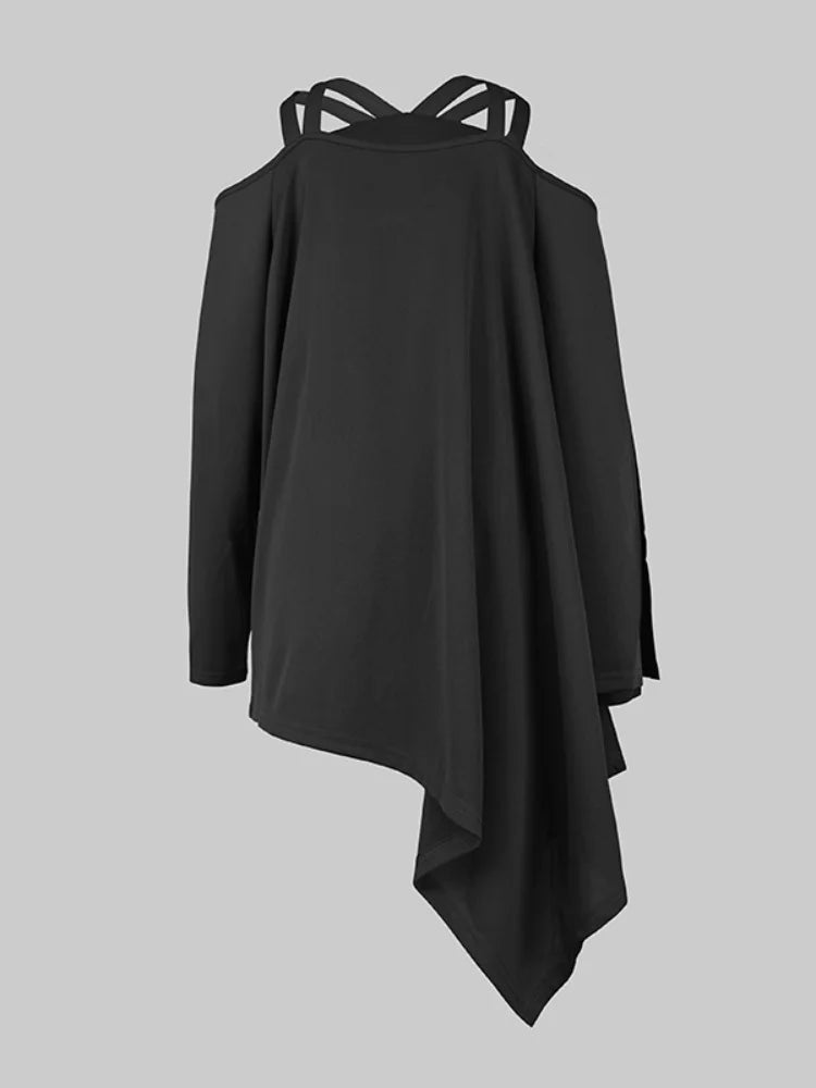 Women's Minimalist Daily Tops Hollowed Cold Shoulder Halter Long Sleeve Loose Pleated Shirt Elegant Asymmetric Blouse