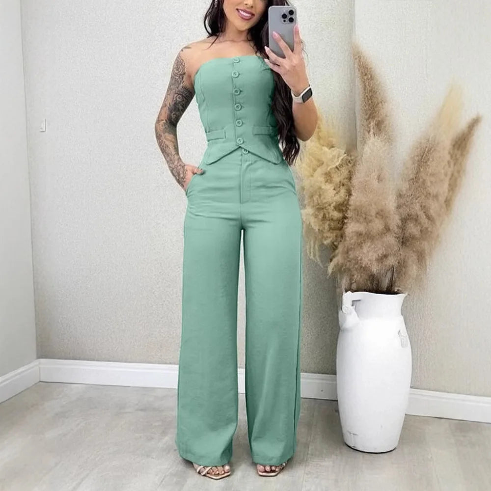 Women Fashion Sexy Summer 2 Pieces Outfit Bandeau Button Decor Vest Top & Casual Wide Leg Pants Set
