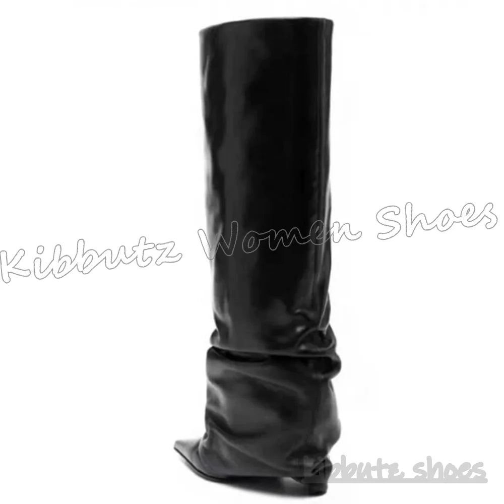 Knee High Boots Turned Over Edge Leather Solid Color Pointy Slip-On Novelty Fashion Elegant Luxury Comfortable Spicy Girls Shoes
