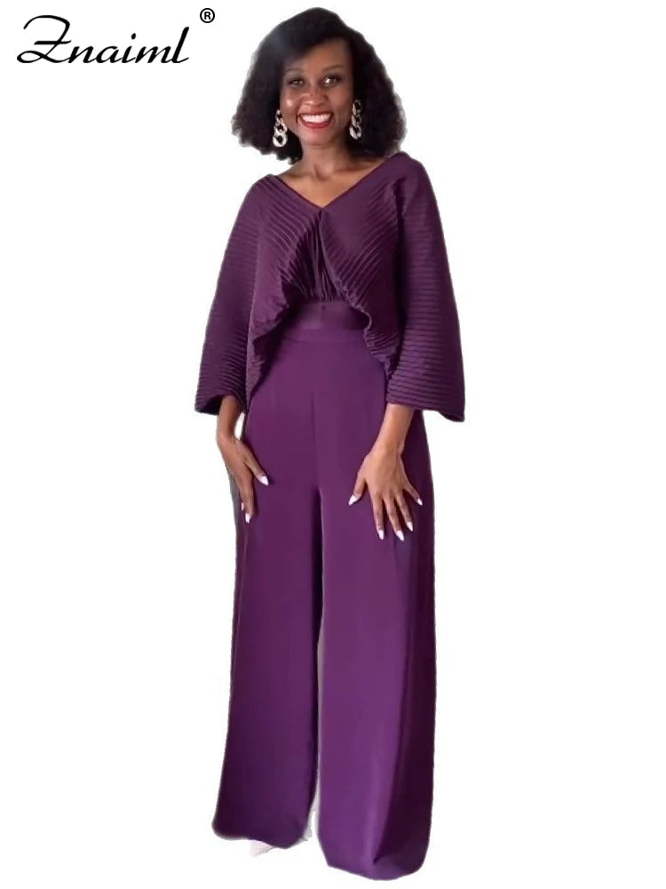 Znaiml Pleated Blouse V Neck Full Sleeve and Wide Leg Pants Women Loose 2 Pieces Sets Elegant Office Ladies African Outfits 2025