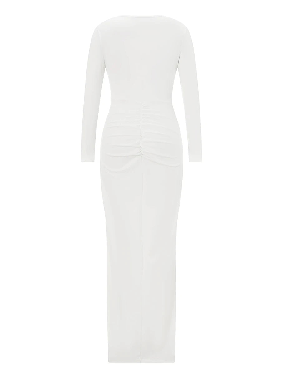 Women's Twist Front Party Dress Elegant Long Sleeve Deep V Neck Bodycon Long Dresses Female Solid Color Formal Evening Gown