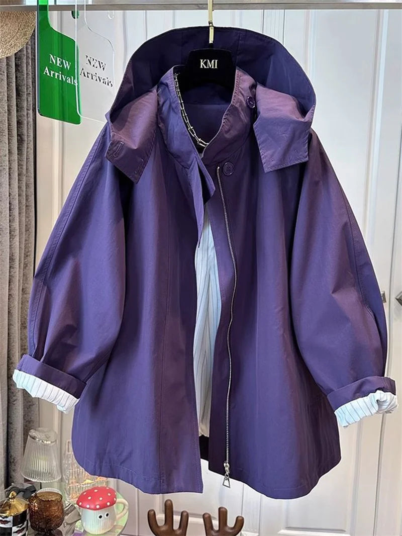 Fem Cotton Trench Coat For Women Casual And Versatile Loose And Slimming Autumn Simple Hooded Long Jacket For Women Windbreaker