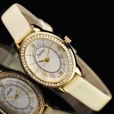 Small Oval Rhinestones Julius Lady Women's Watch Japan Quartz Elegant Fashion Hours Bracelet Leather Girl's Gift Box