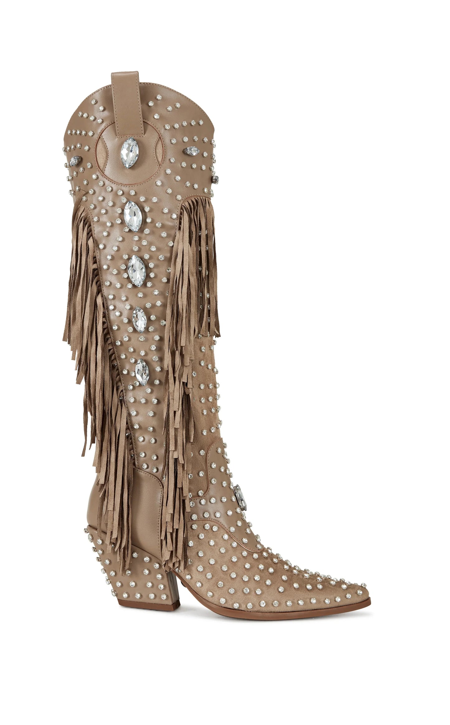 2025 Diamond Fringes Western Boots Women Sparkly Block High Heels Crystal Trim Shoes Ladies Winter Pointed Toe Knee High Boots